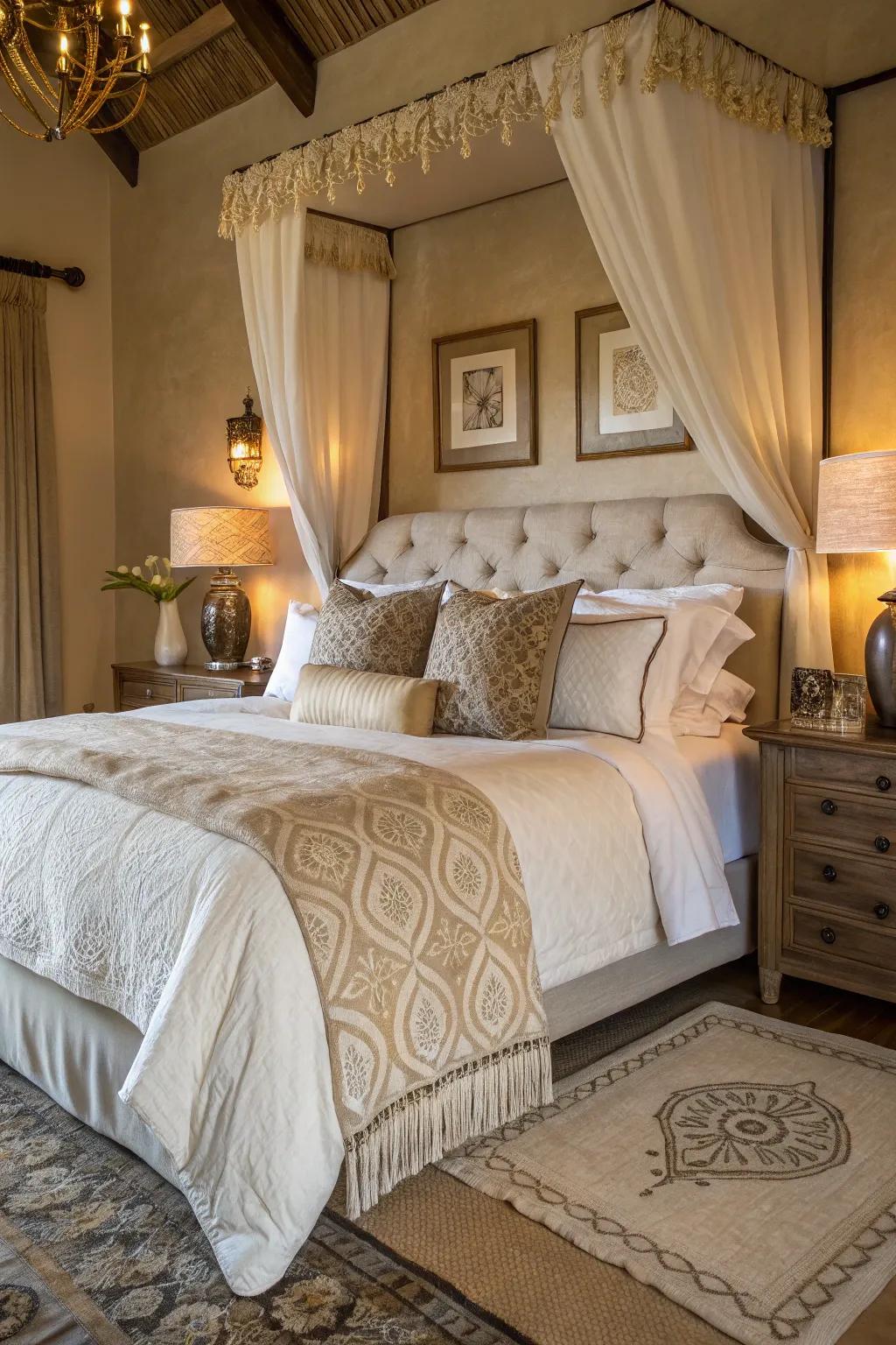 Luxurious bedding creates a sumptuous sleep environment.