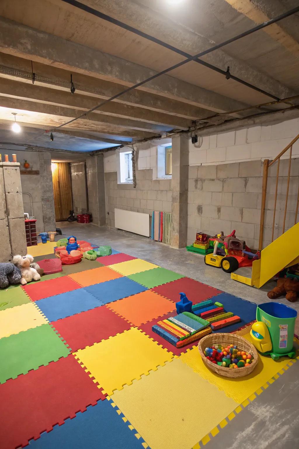 A playful zone for children in an unfinished basement.