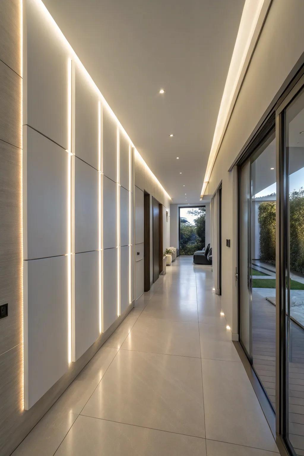 Integrated LED panels adding a futuristic vibe to a hallway.