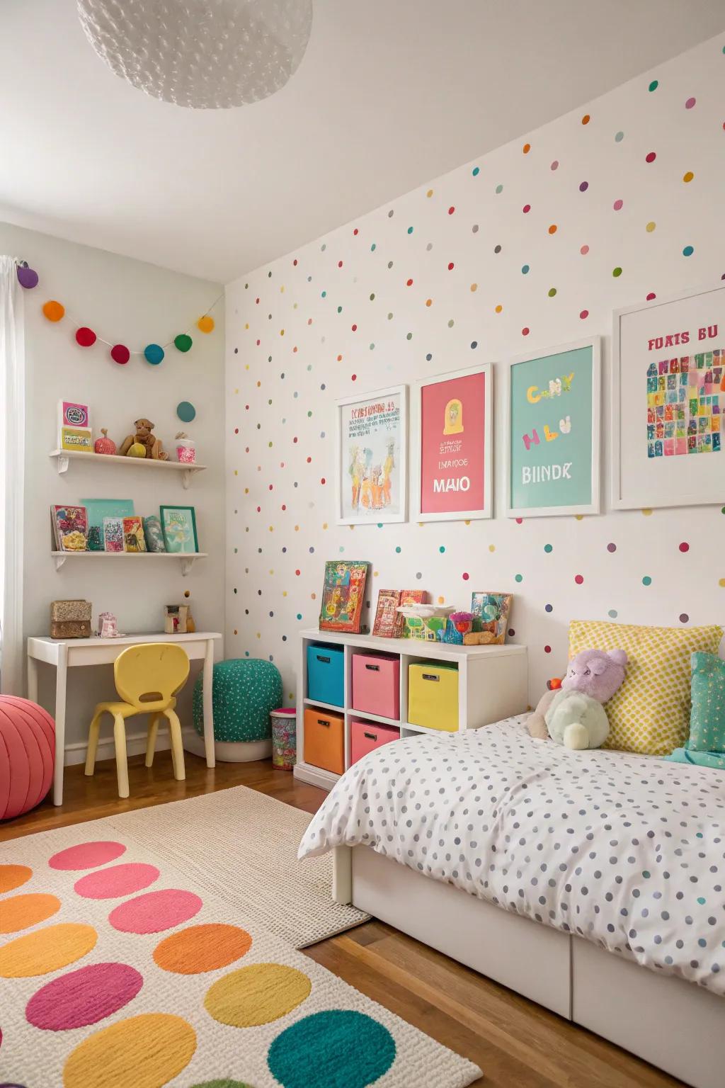 Playful polka dot wallpaper adds fun to a child's room.