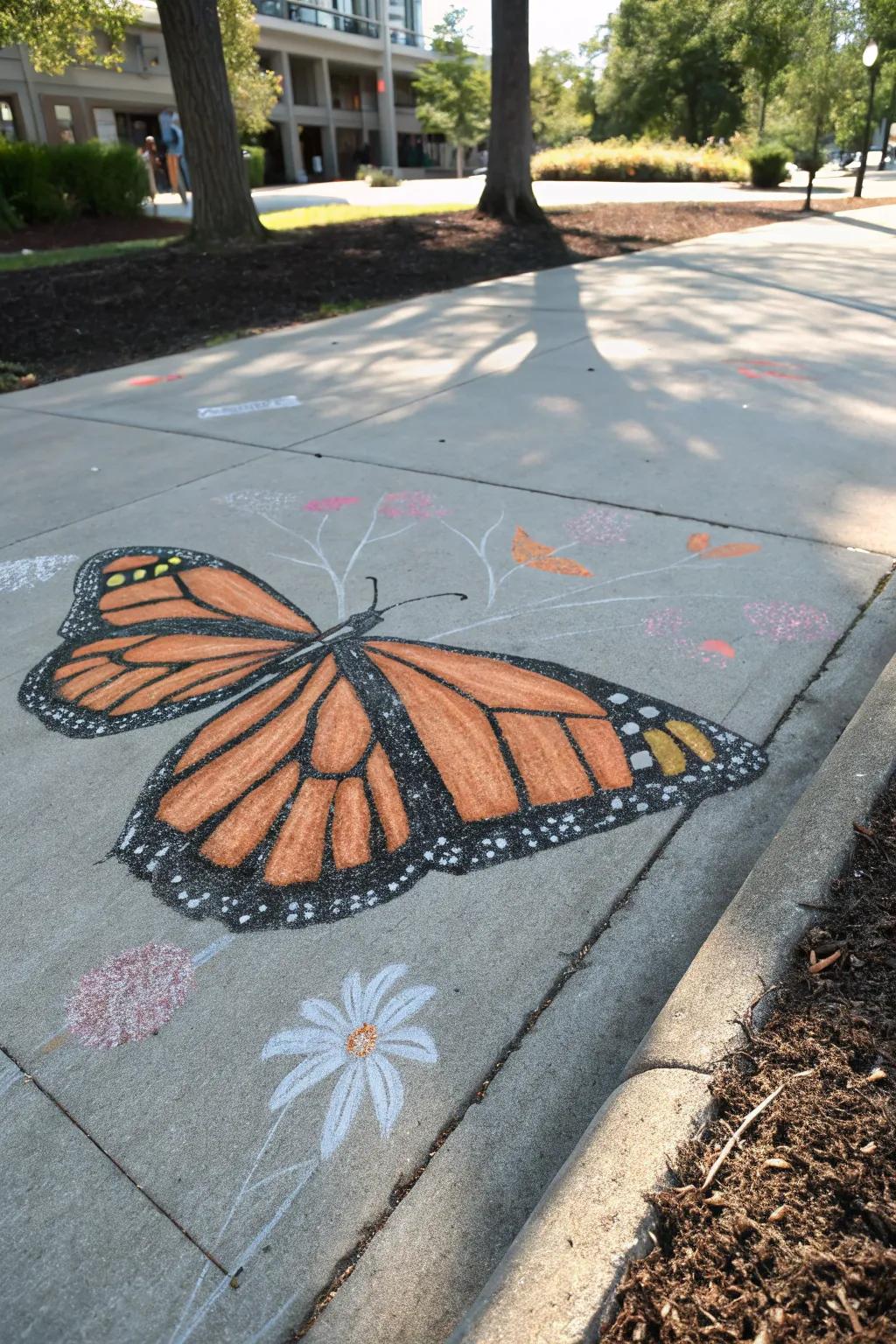 Transform your pavement into a canvas of beauty with stunning monarch butterfly chalk art. Embrace simplicity and creativity!
