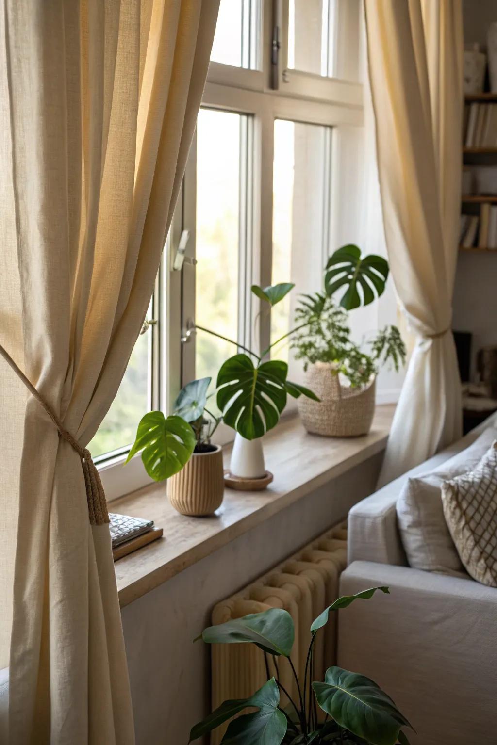 Drape tiebacks made from small split-leaf philodendron fronds.