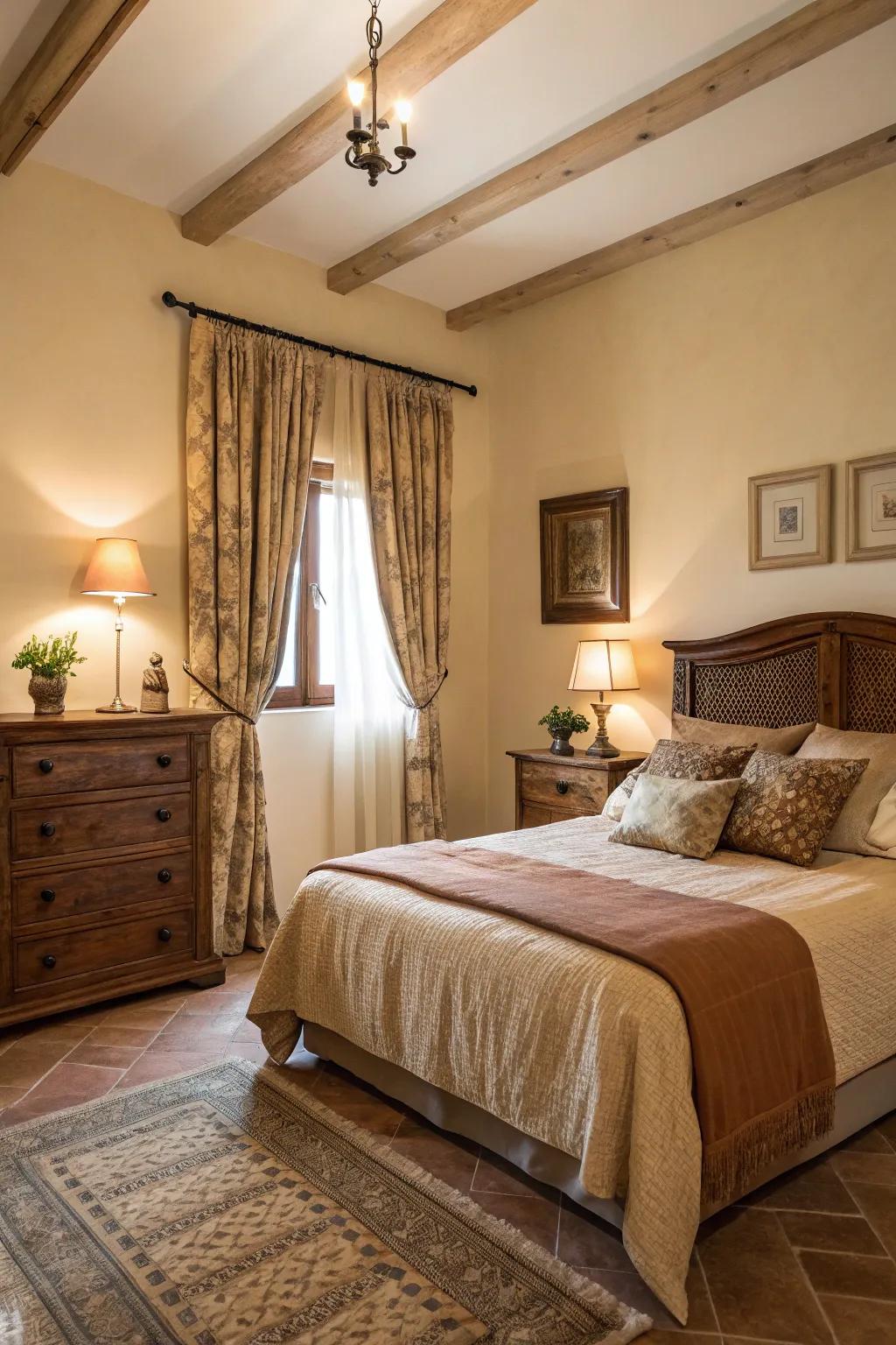 A cozy bedroom with elegant earth-toned decor and furnishings.
