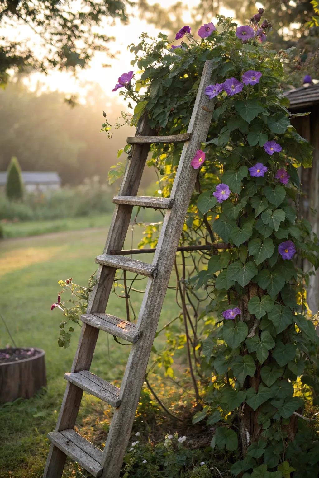 An old ladder upcycled into a stunning morning glory trellis.