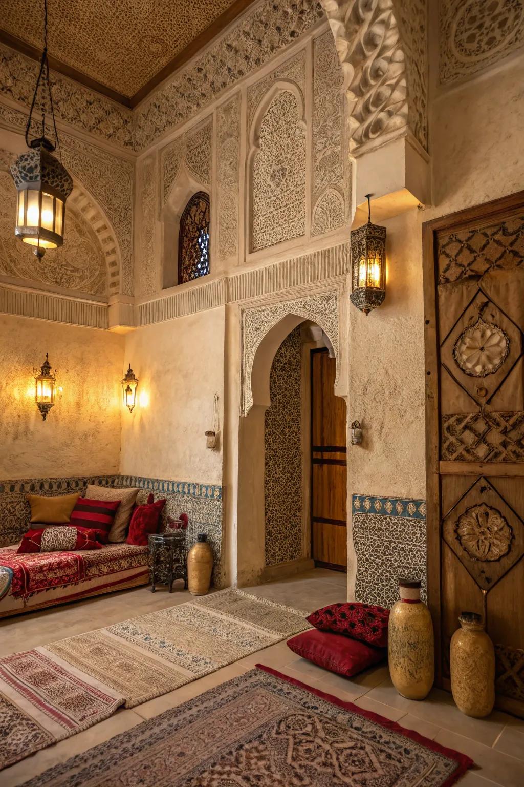 Textured walls add depth and authenticity to Marrakech bedrooms.