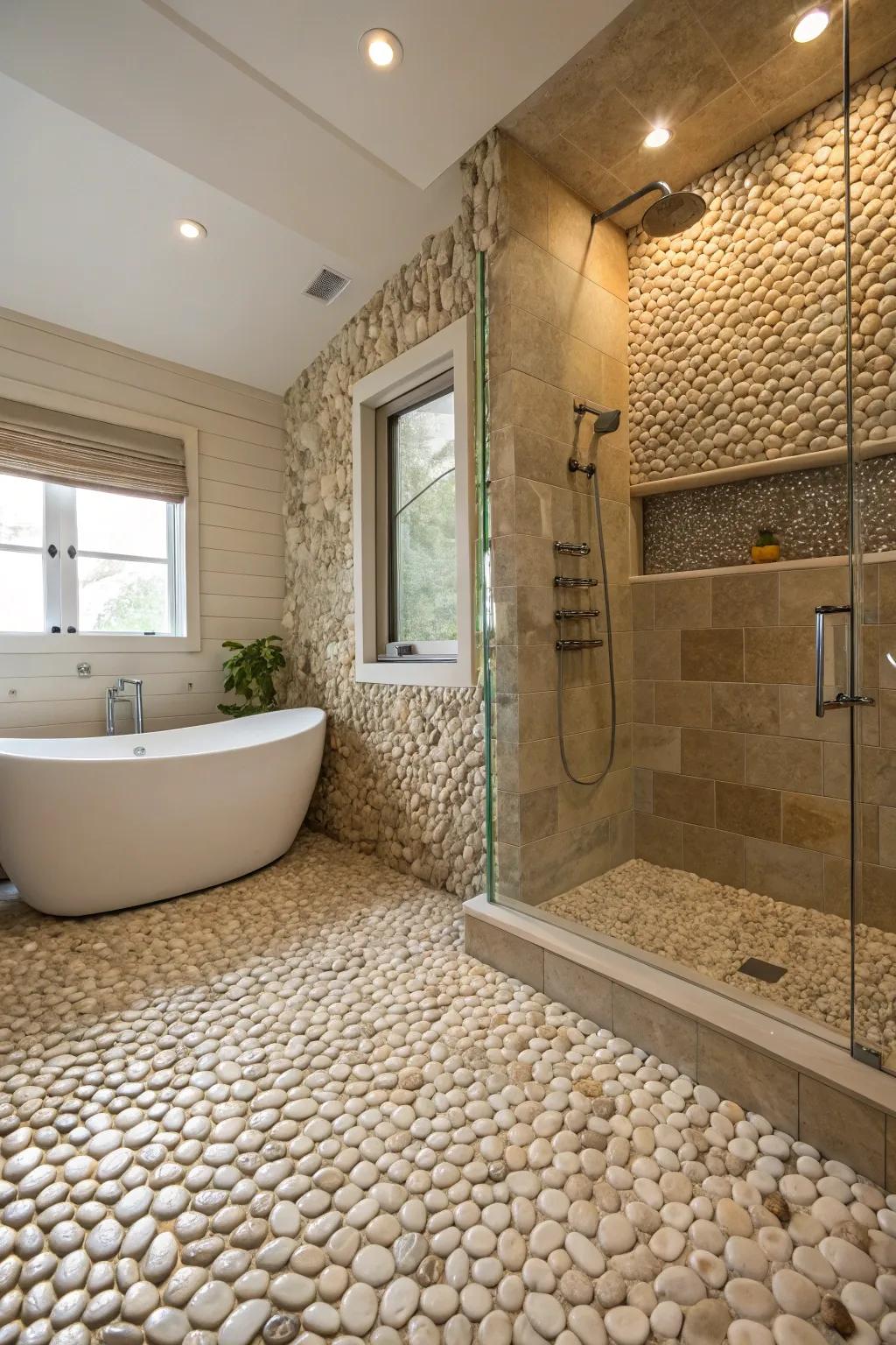 Create a serene, spa-like atmosphere with pebble mosaics.