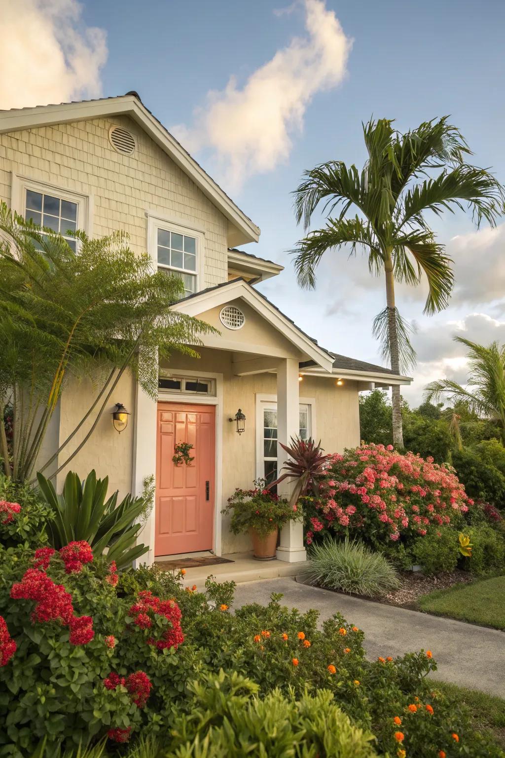 Tangerine front door delivers a playful and vibrant accent to a beige house.