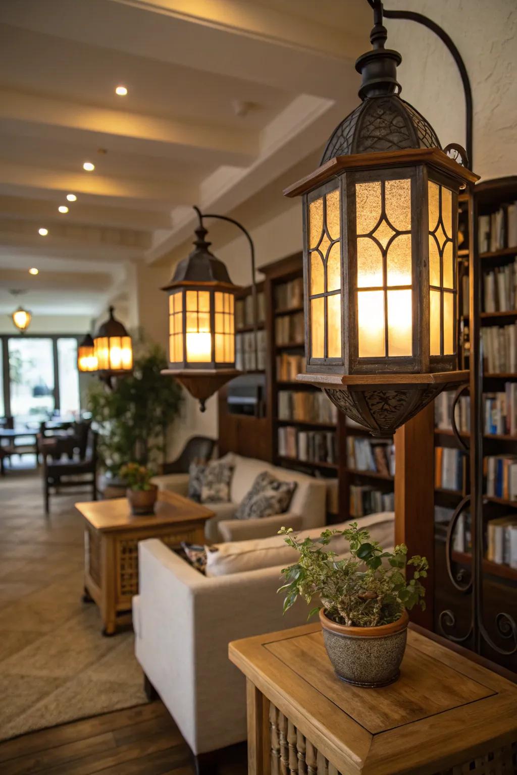 An inviting atmosphere with lantern-style illumination.