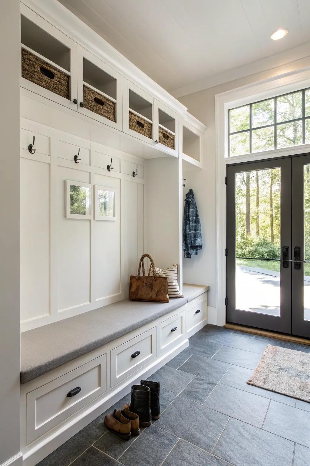 A contemporary mudroom featuring a sleek suspended seating.