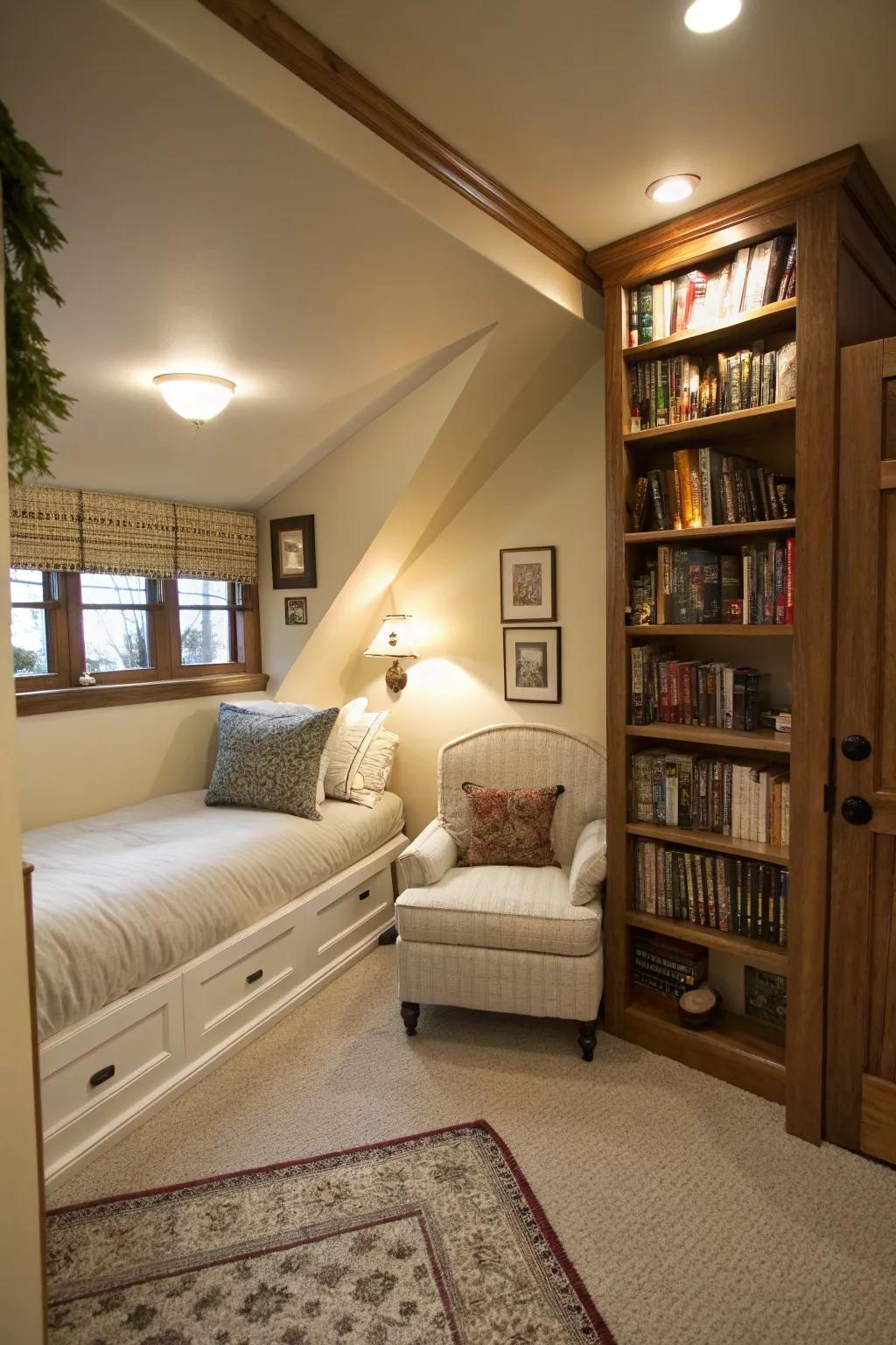 A cozy nook adds charm and functionality to a narrow bedroom.