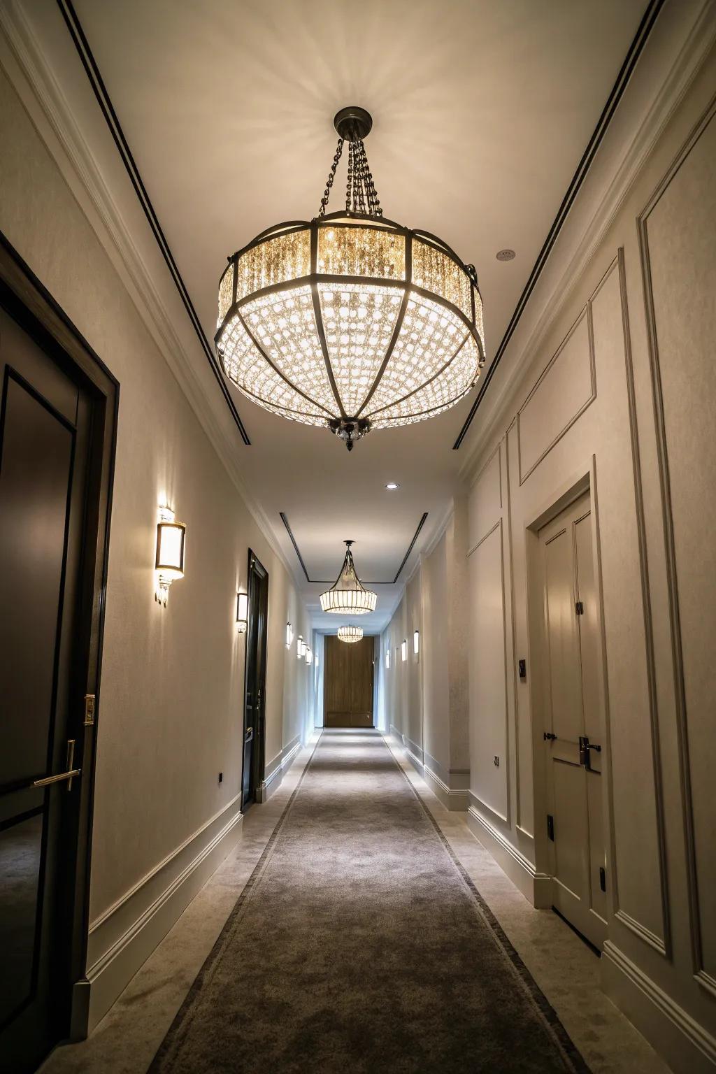 Oversized fixtures can make a bold statement in narrow spaces.