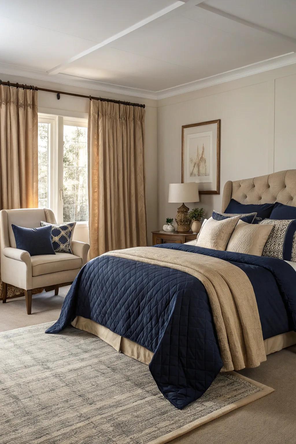 Achieve harmony with navy and beige bedding.