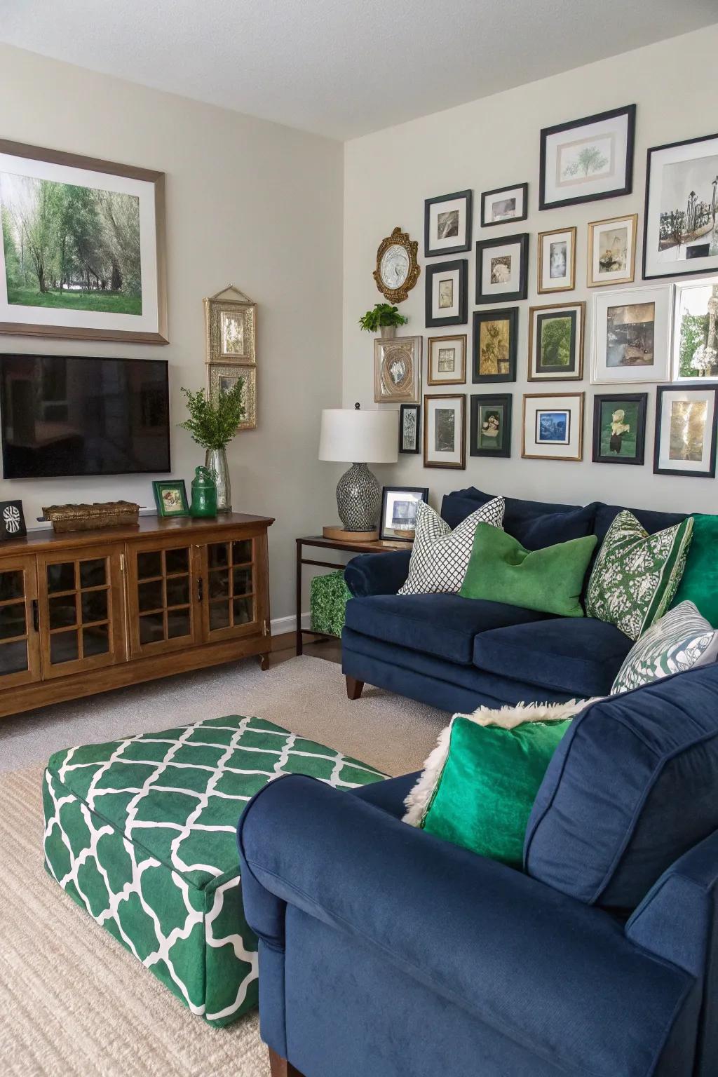 An eclectic gallery wall adds personal flair to the living room.