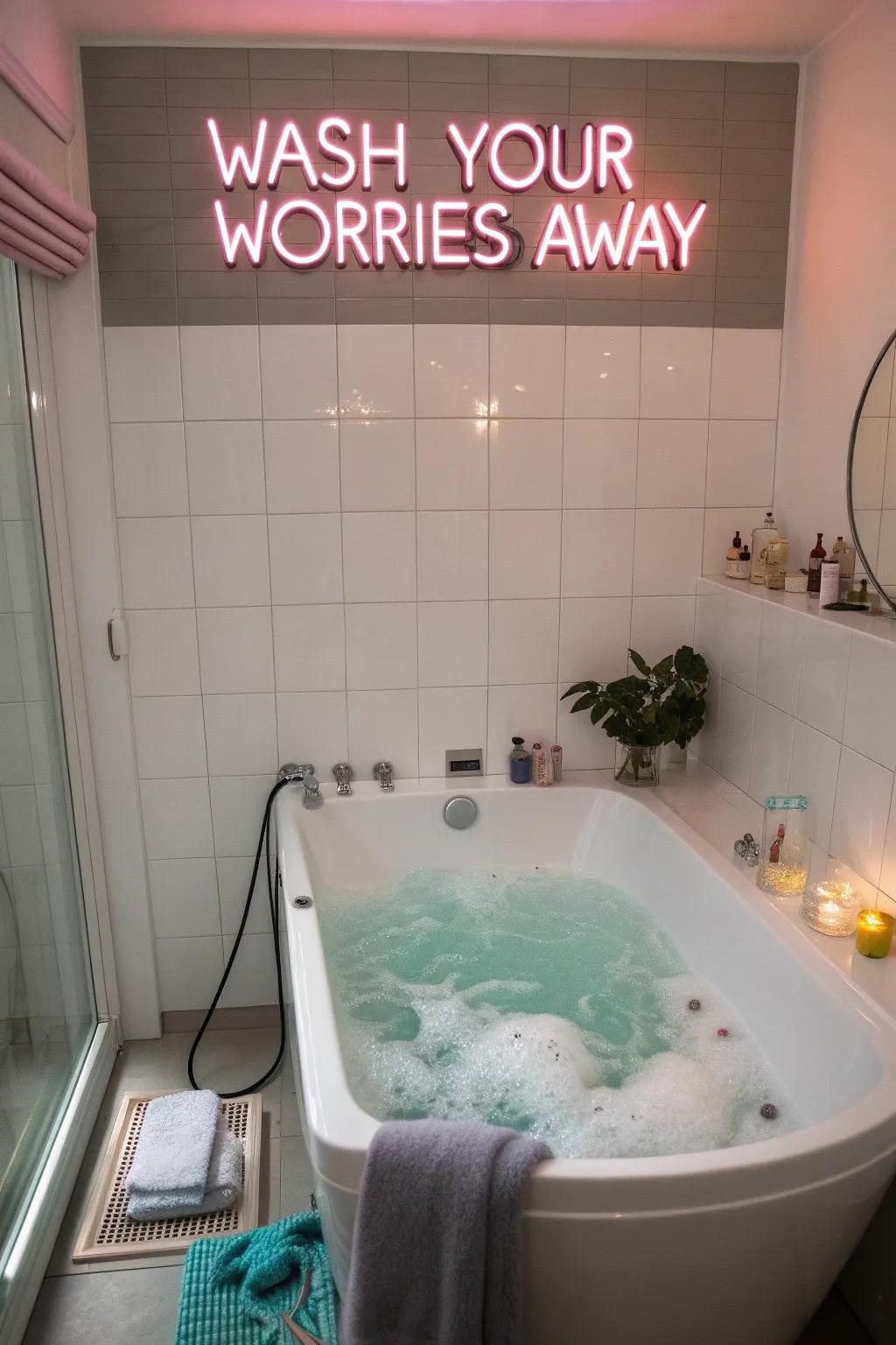 A playful sign adds charm to a modern bathroom.