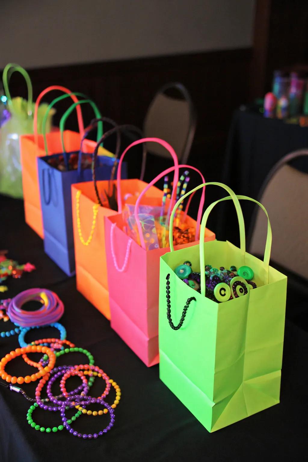 Neon celebration present bags filled with light-emitting goodies, keeping the celebration spirit burning.