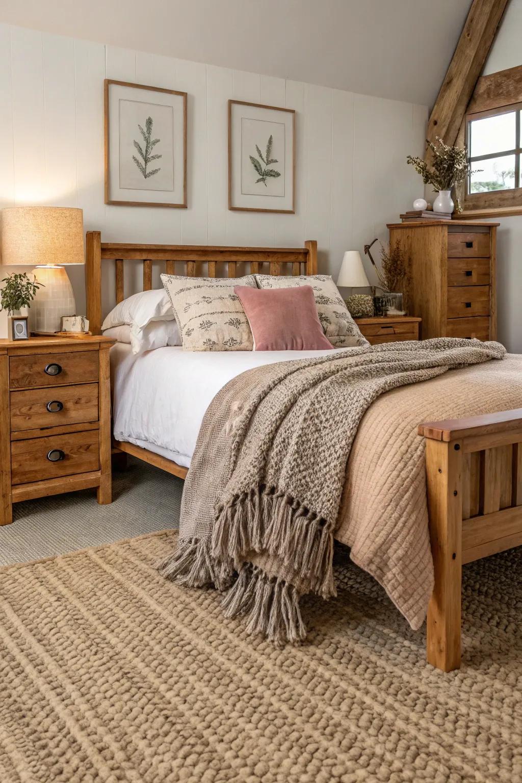 Rustic carpets create a warm and inviting bedroom atmosphere.