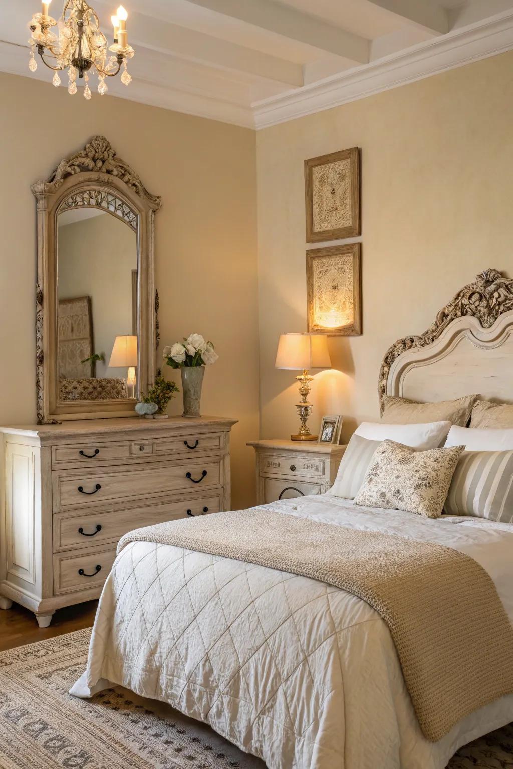 Antique elements add timeless charm to the bedroom.