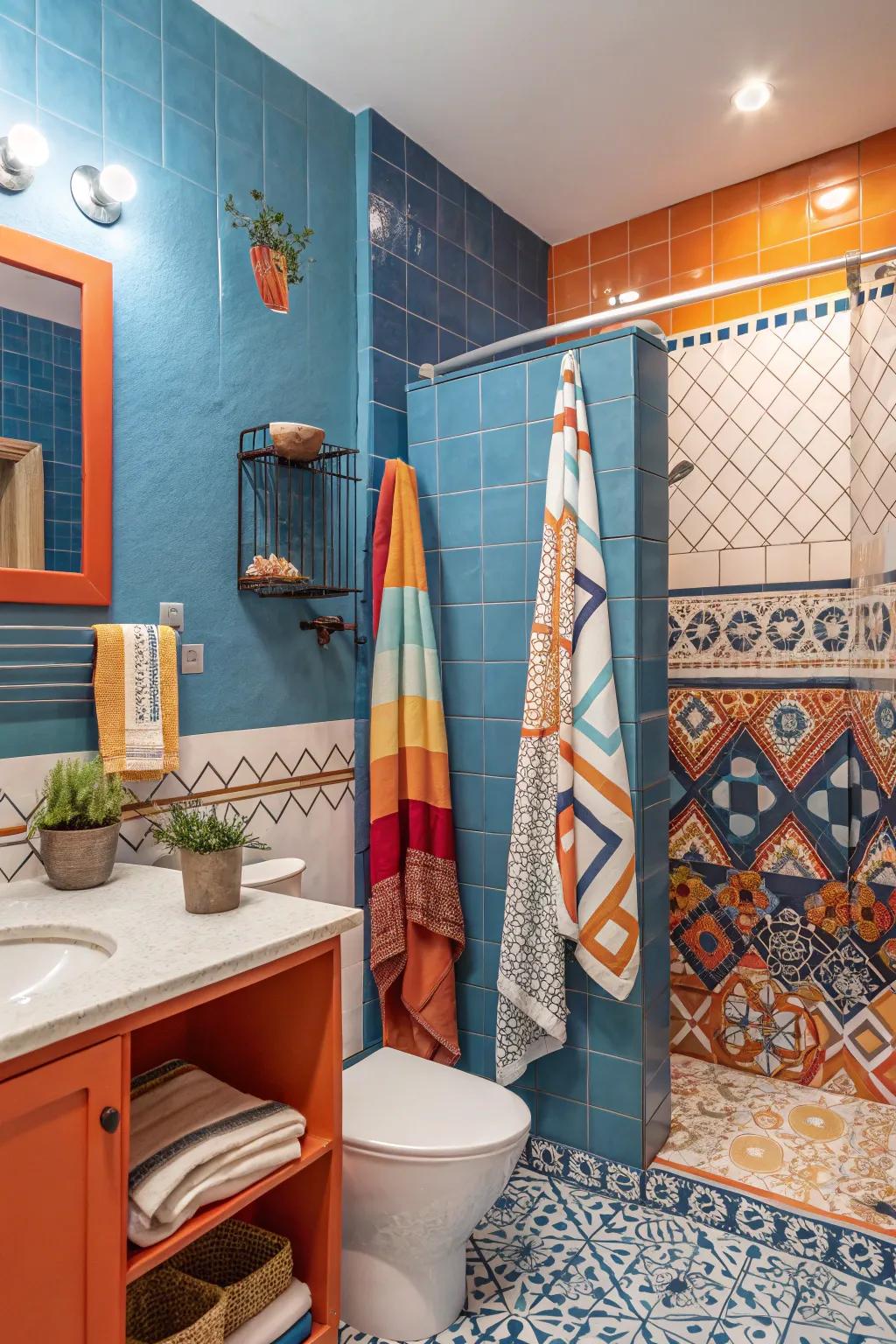 A bathroom bursting with vivid colors for a vibrant look.