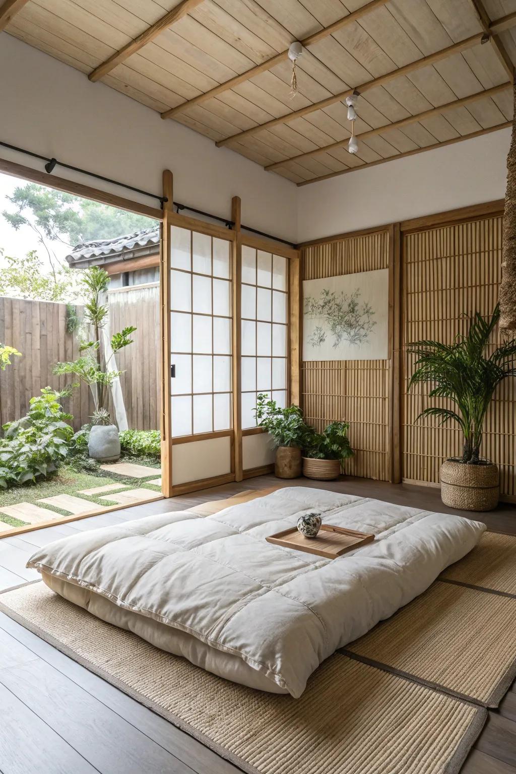 A Zen-inspired bedroom fosters peace and tranquility.