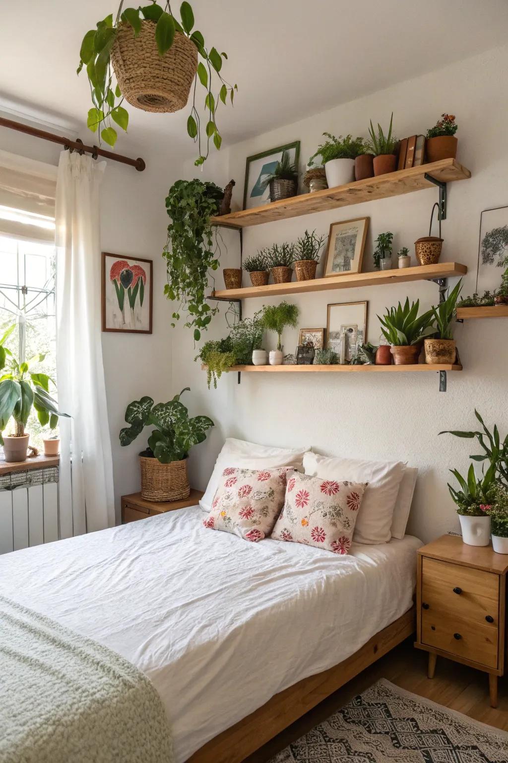 Shelves lined with plants enrich the bedroom with freshness and vitality.