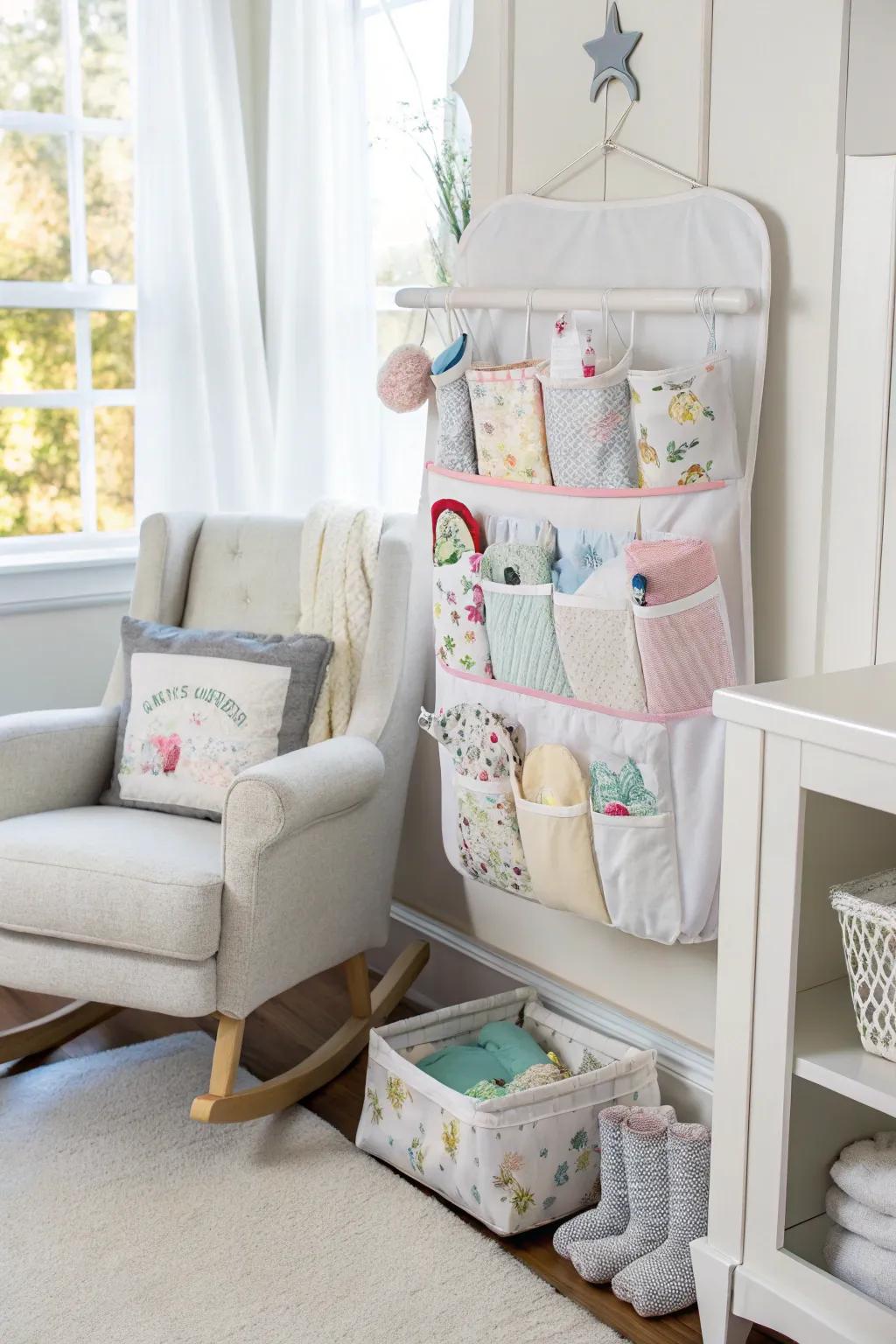 Suspended organizers optimize stowage absent consuming floor area.