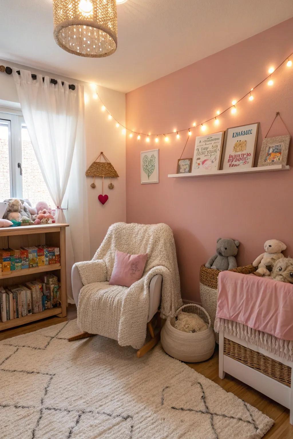 A warm and comforting nursery featuring canvas pink walls.