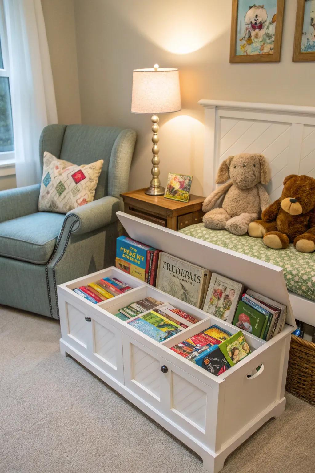 A reading corner with storable seating for a cozy and organized space.