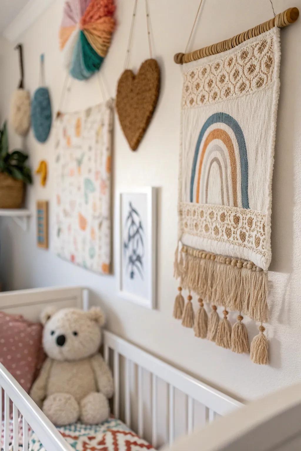 Textured art adds depth and tactile curiosity.