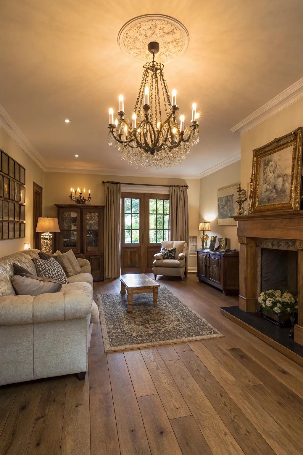 Dramatic lighting enhances oak floors.
