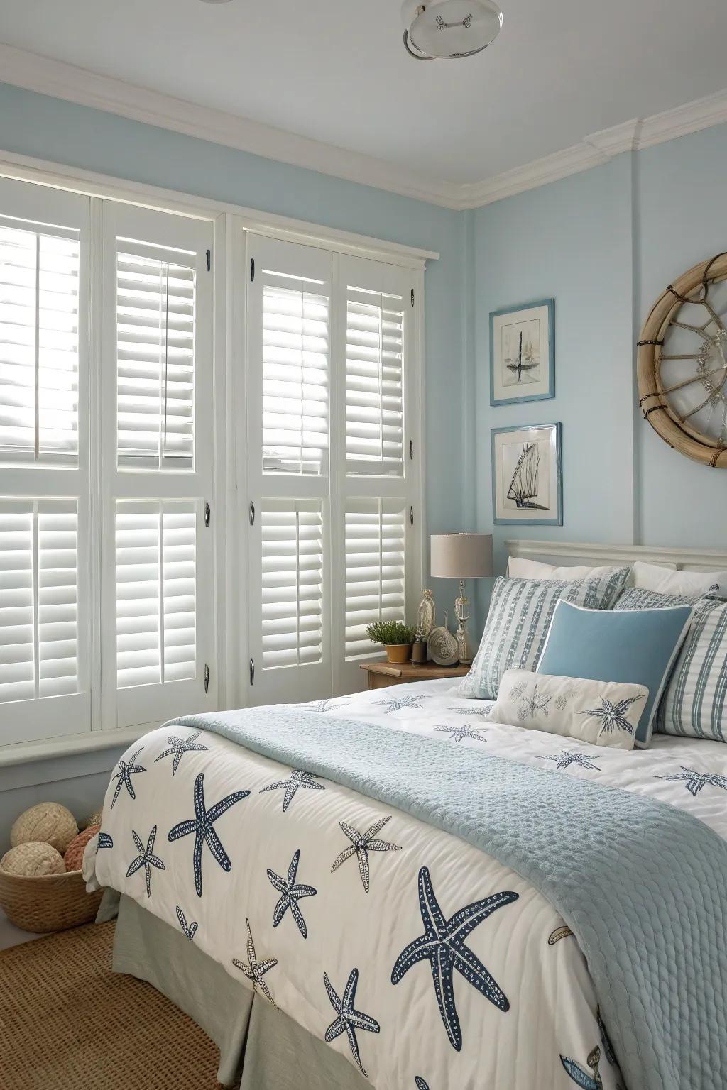 Coastal-style shutters provide both function and a touch of seaside charm.