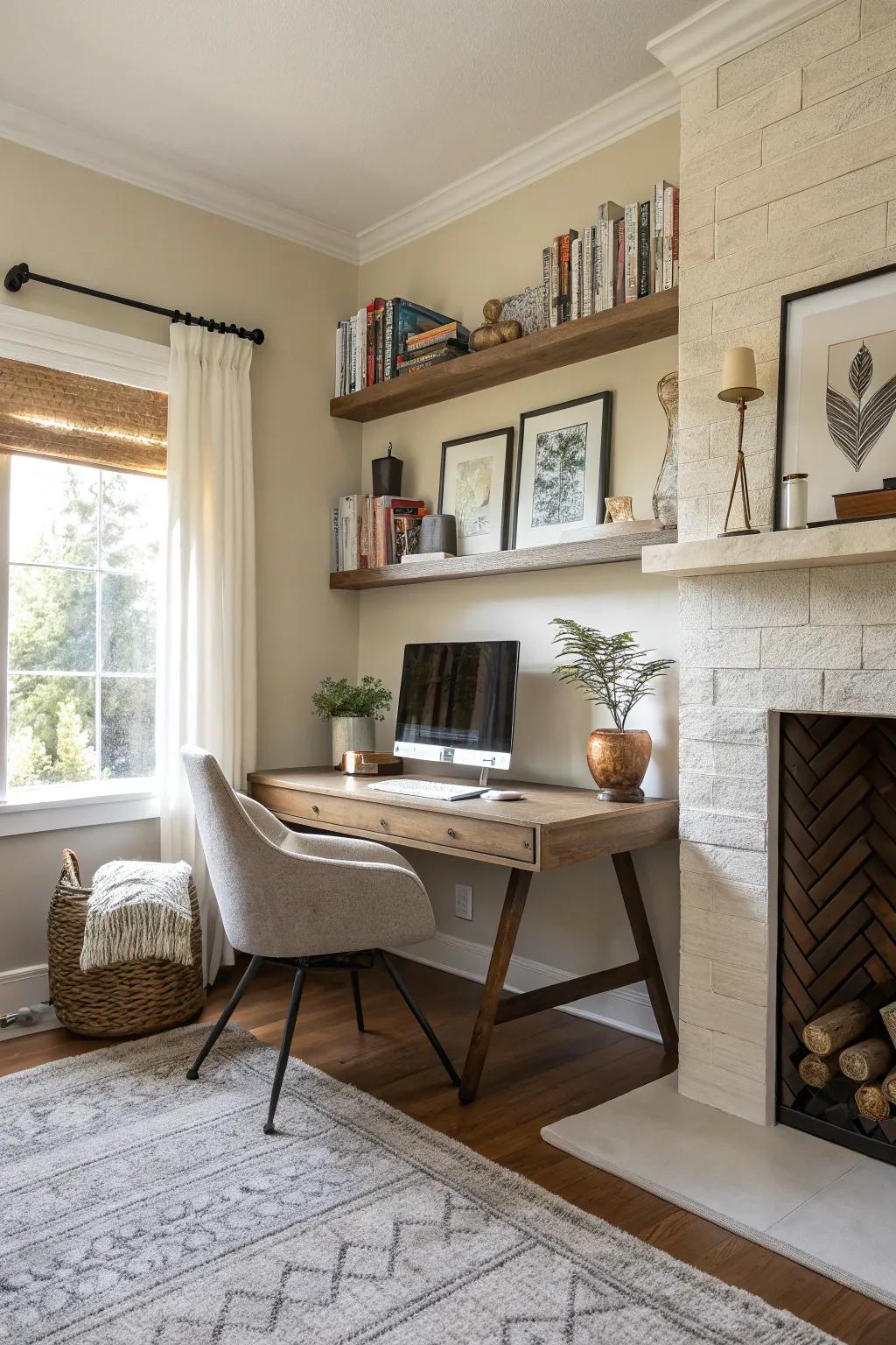 A fake fireplace adds style and warmth.