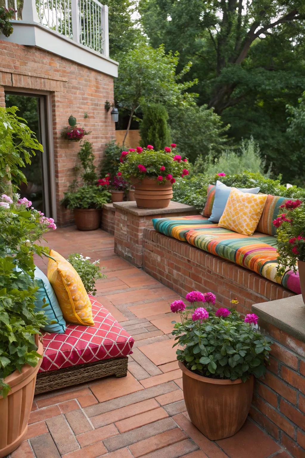 Audacious hue embellishments infuse vibrancy into the brick patio