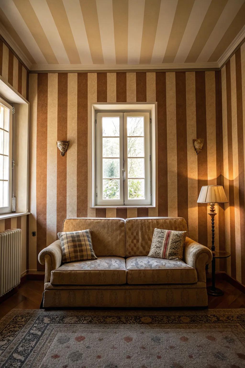 Vertical stripes add height and elegance to the living room.
