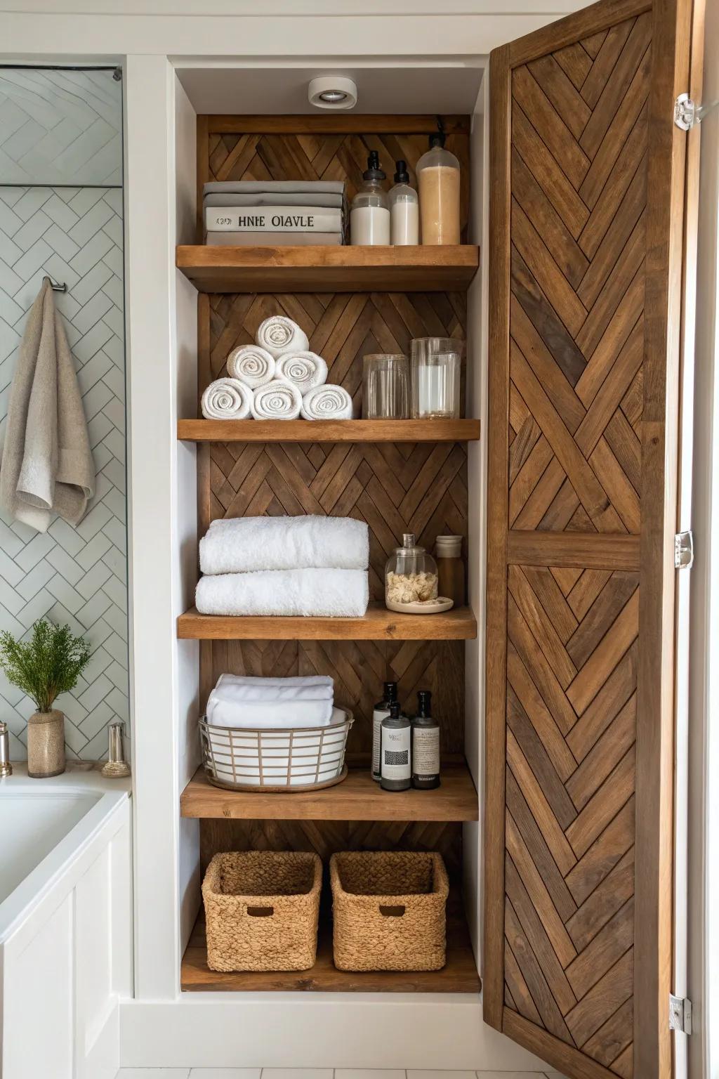 A backing panel elevates exposed shelving, imparting elegance.