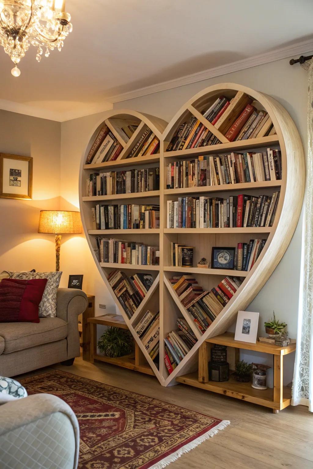Heart form bookcases merge function and art beautifully.
