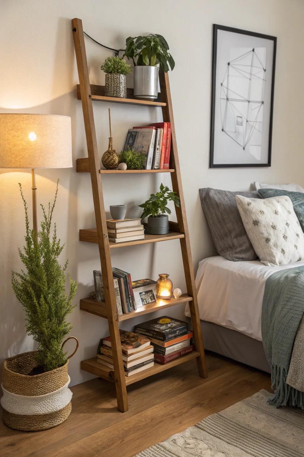 Inclined shelves provide vertical storage with style.