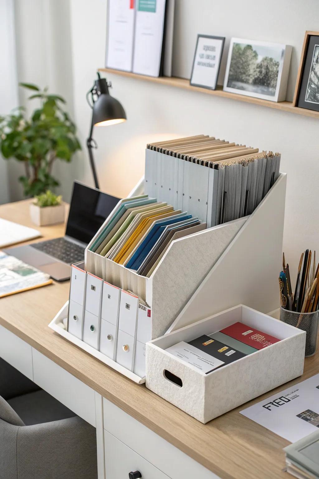 Vertical file holders keep documents organized and within reach.