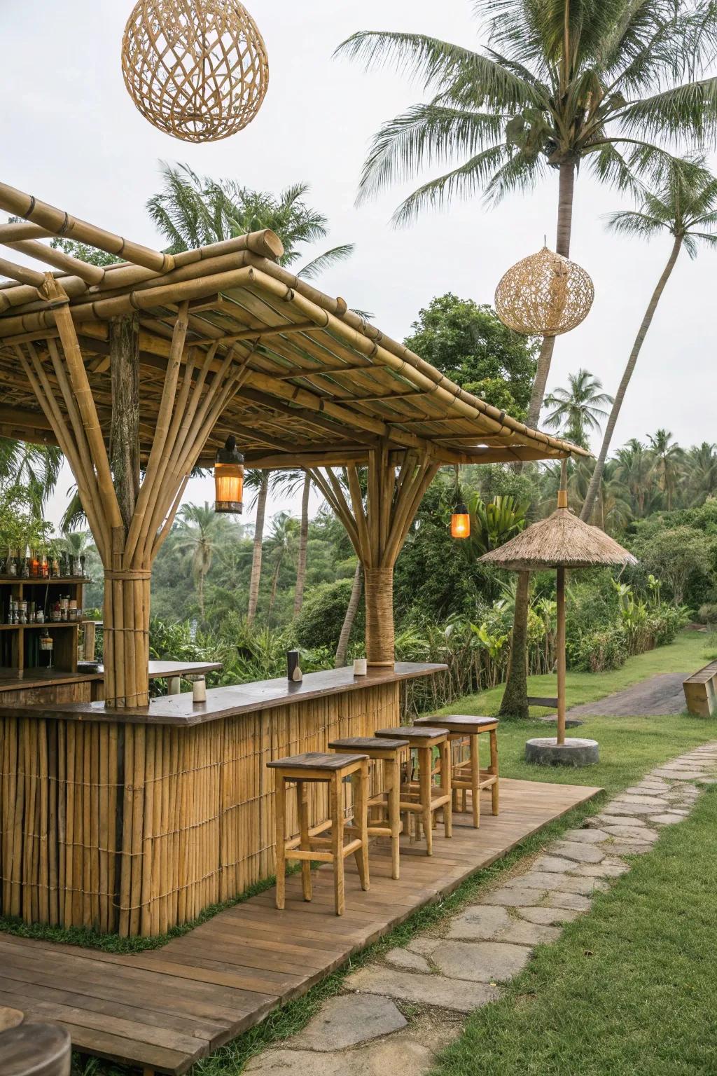 A cane bar imparts tropical vibes to your backyard.
