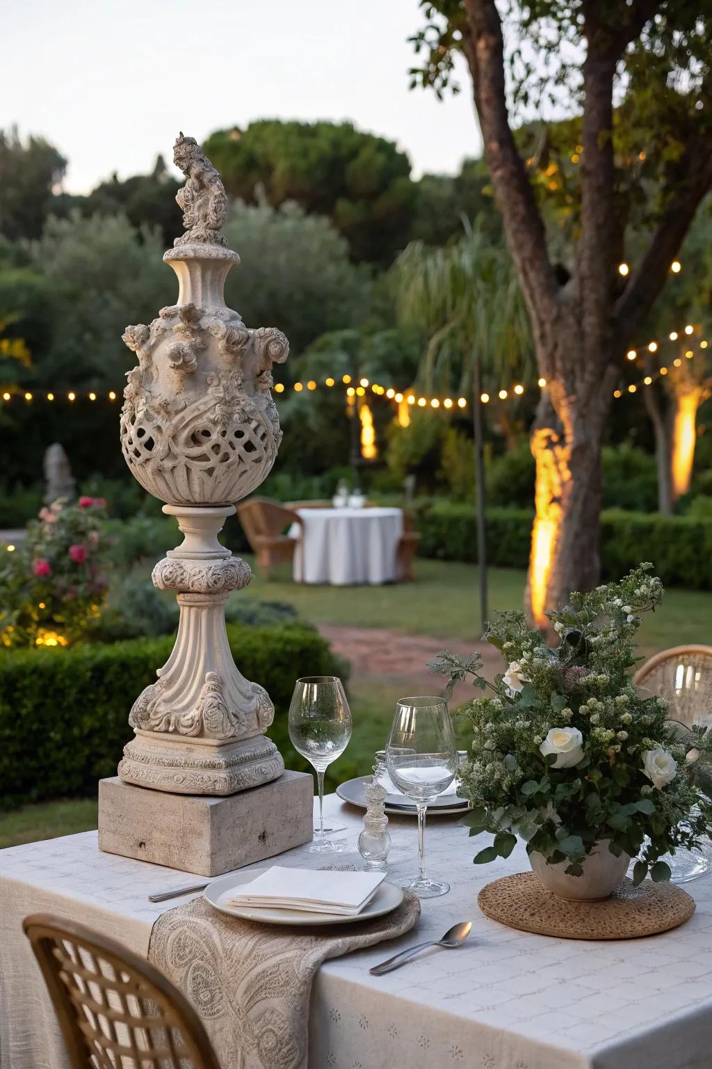 Etched artefacts infuse an artistic flair into outdoor decor.