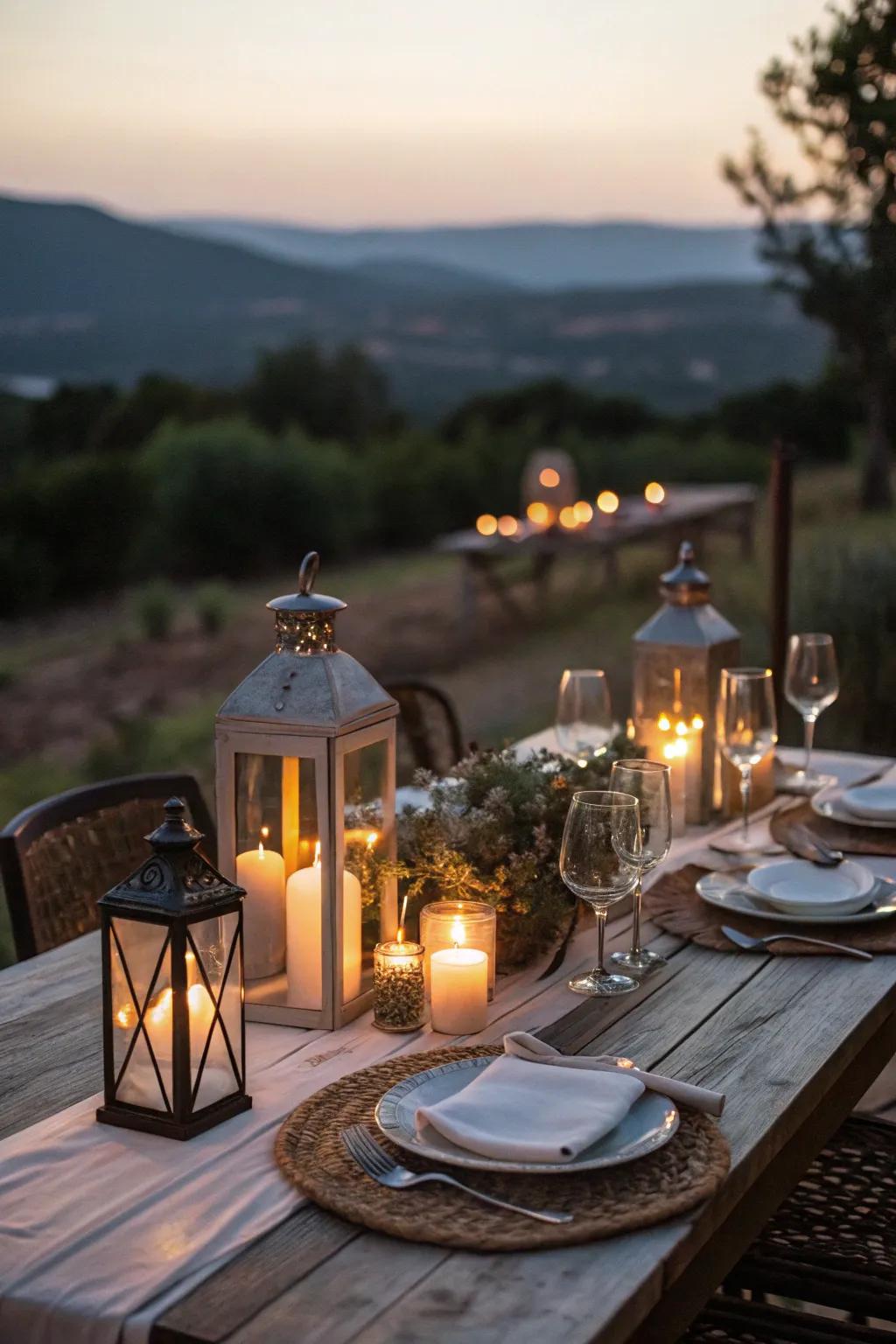 A romantic outdoor dining setting illuminated by candlelight.