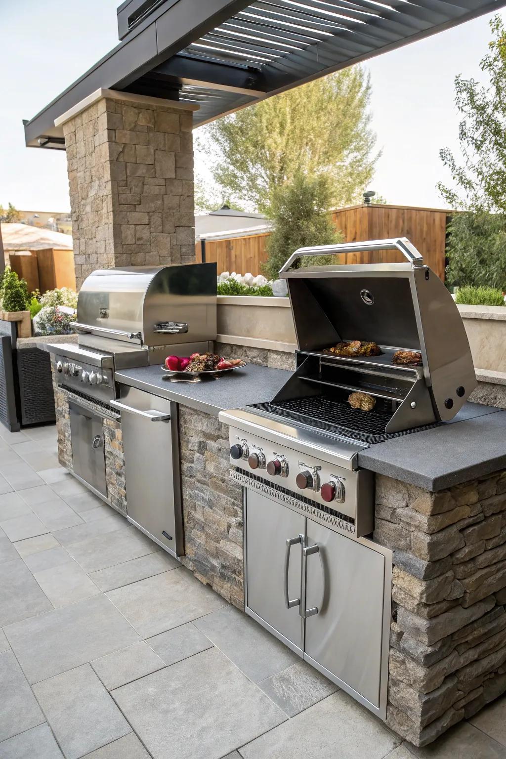 Hybrid grills offer versatility with both gas and charcoal options.