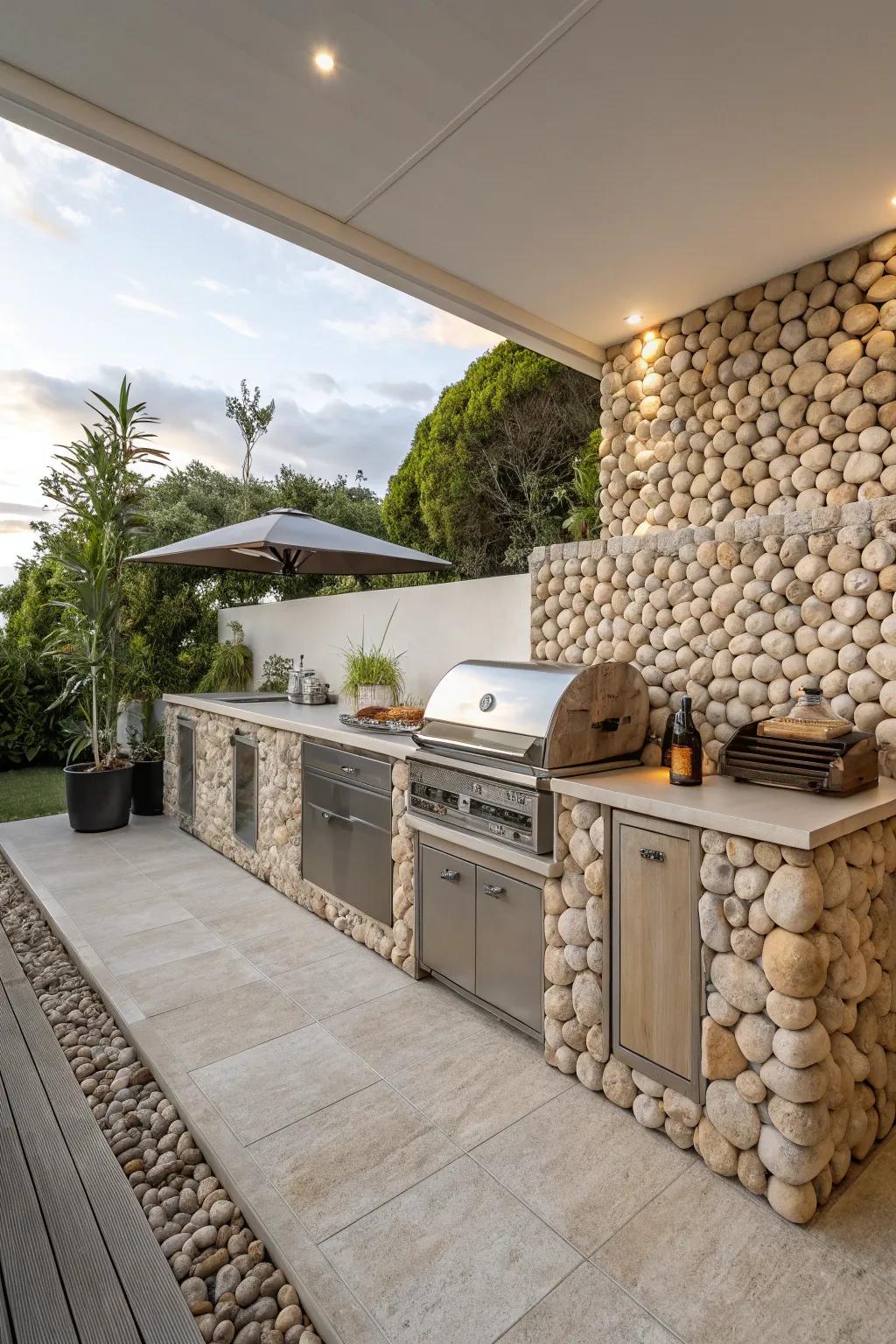 Pebble stone backsplashes offer a natural and unique texture to outdoor kitchens.