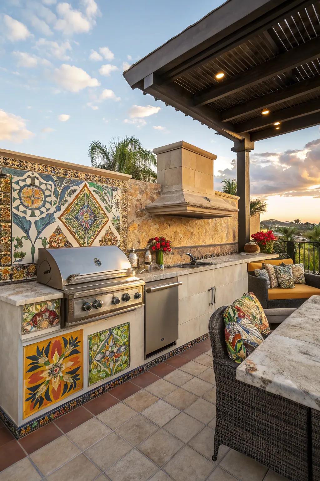 An imaginative backsplash introduces a splash of color to your kitchen.