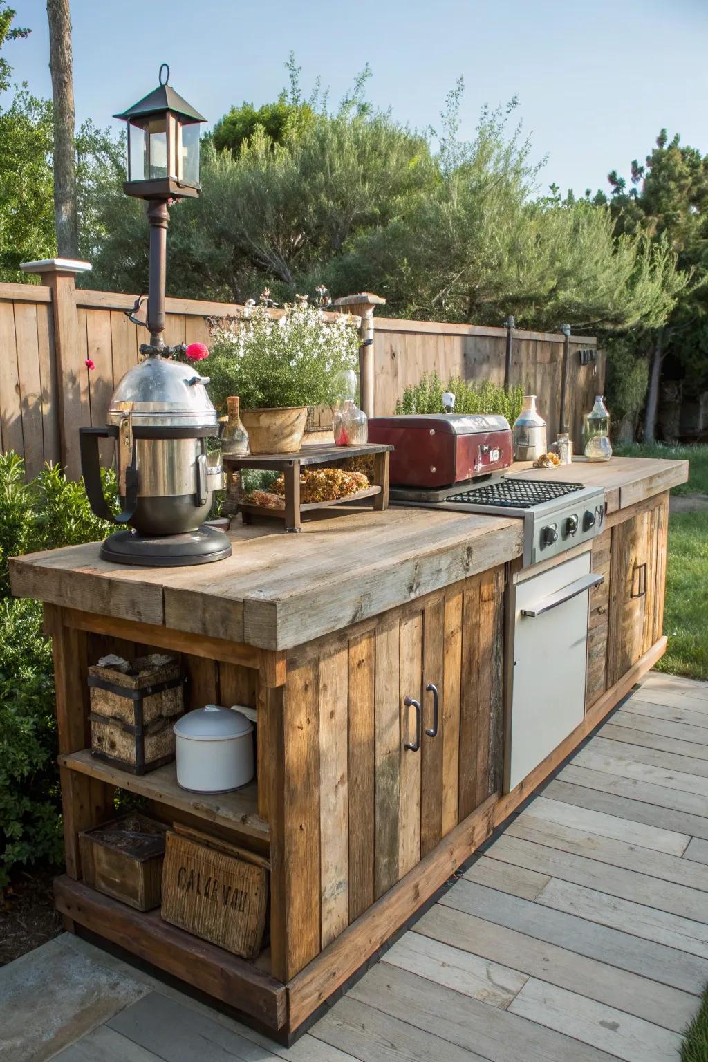 A charming outdoor cooking area constructed from repurposed timber and vintage accents.