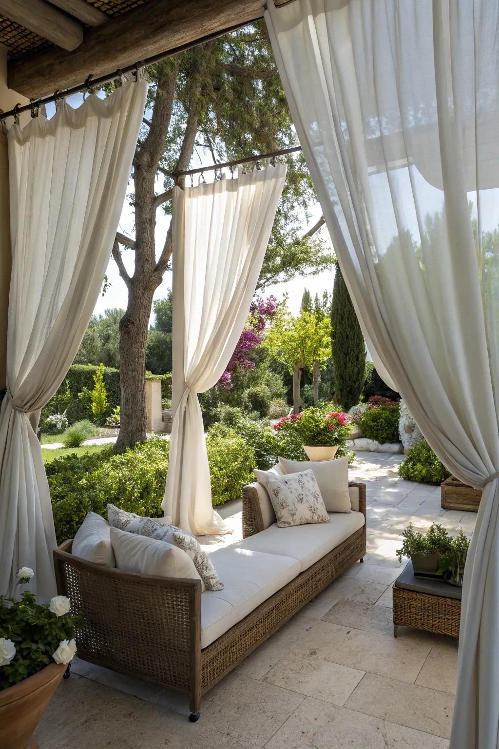 Outdoor drapes offer seclusion and elegance.