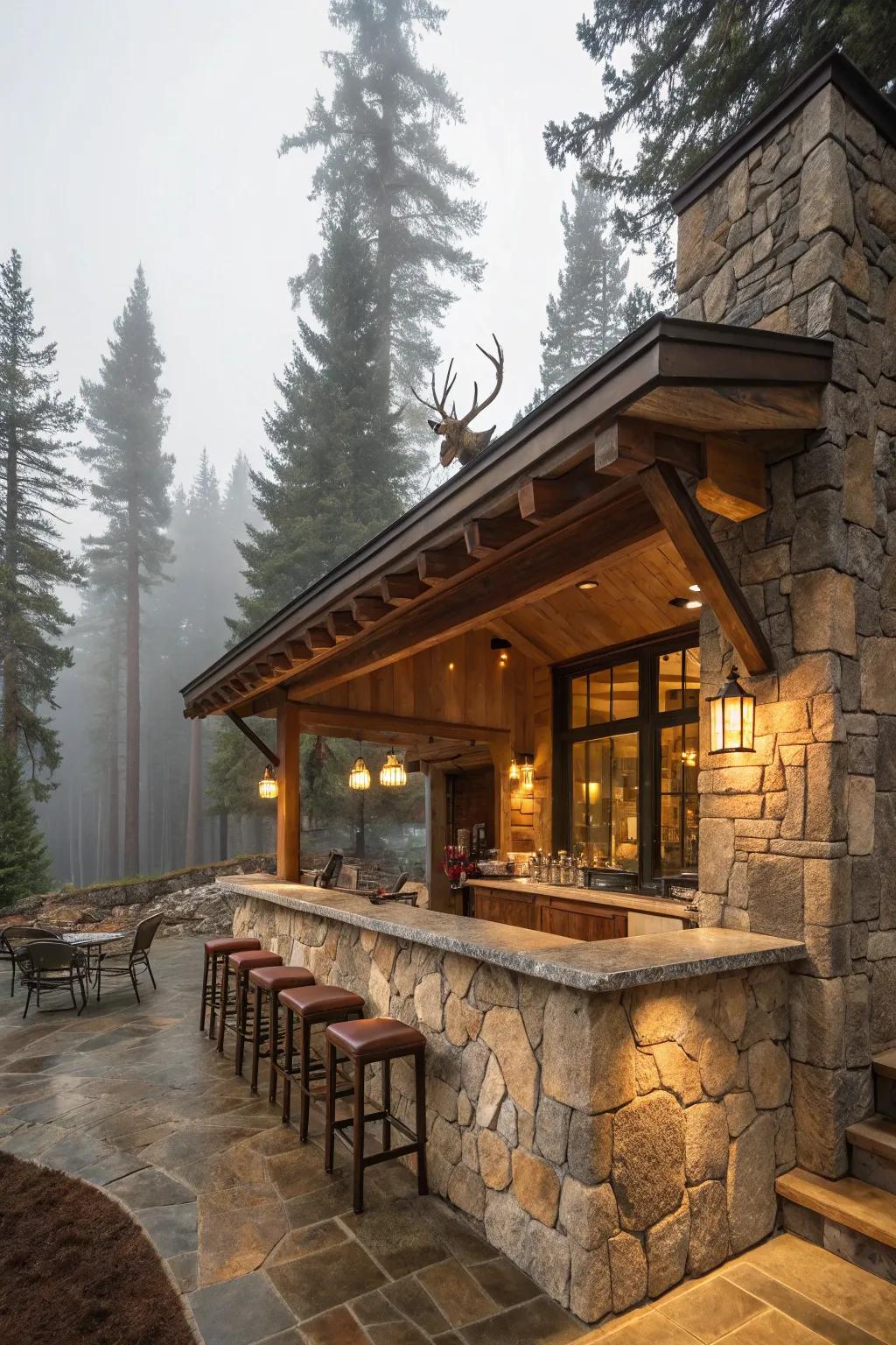 A cozy cabin-style stone bar with rustic charm.