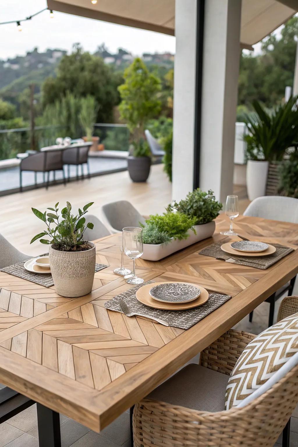 Herringbone pattern table tops are timeless and add dynamic visual interest.