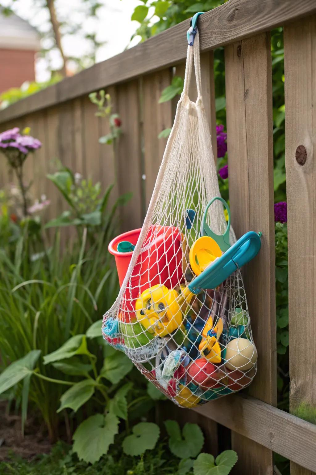 Mesh bags keep sandbox toys organized and sand-free.