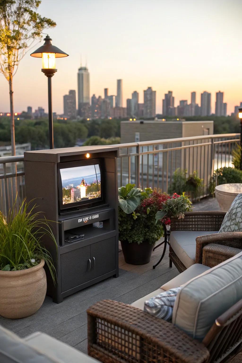 Maximize small areas using a compact terrace television arrangement.