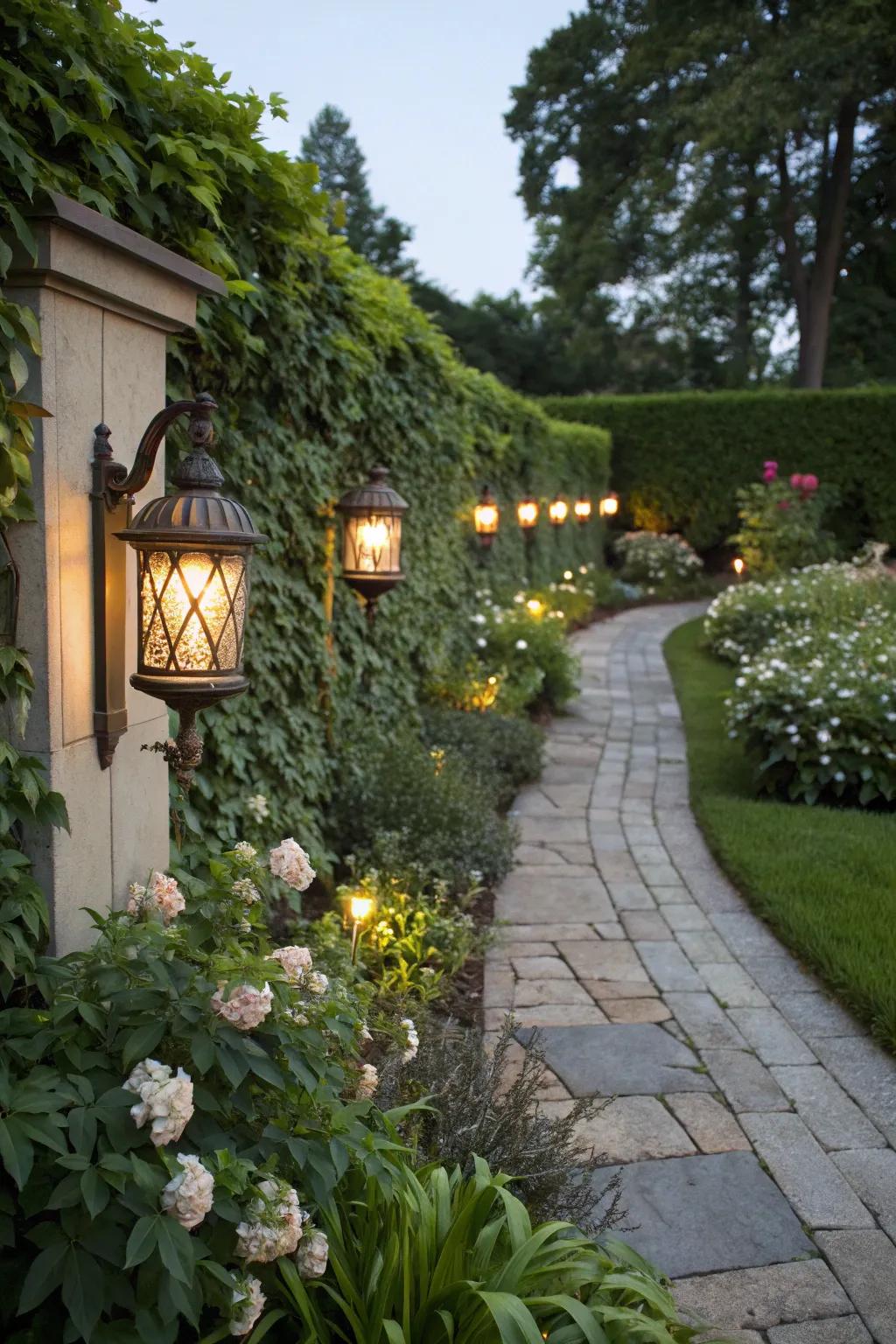 Charming wall lights illuminate the way.